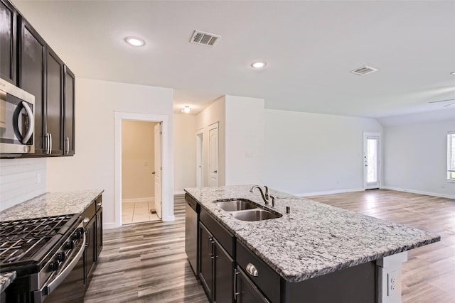 5019 Flanagan Dr, Forney, TX 75126 - kitchen featuring a sink, appliances with stainless steel finishes, light wood-style flooring, an island with sink, and light stone countertops