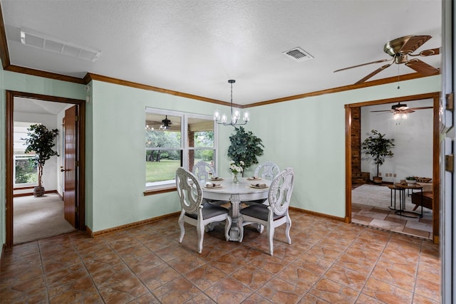 dining area featuring visible vents, baseboards, and ceiling fan with notable chandelier