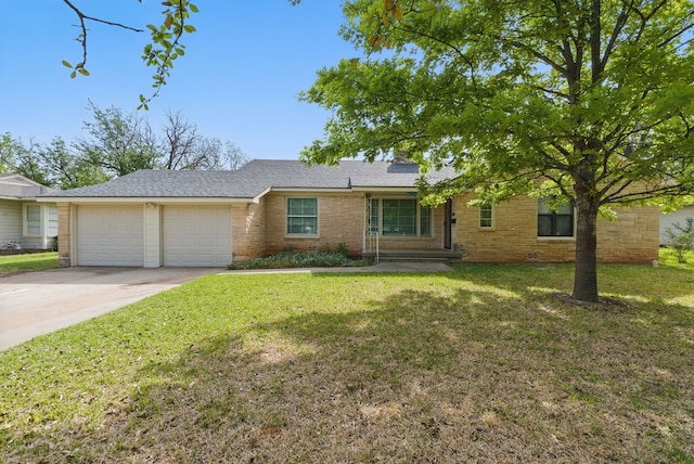 ranch-style house featuring driveway, stone siding, an attached garage, a shingled roof, and a front yard
