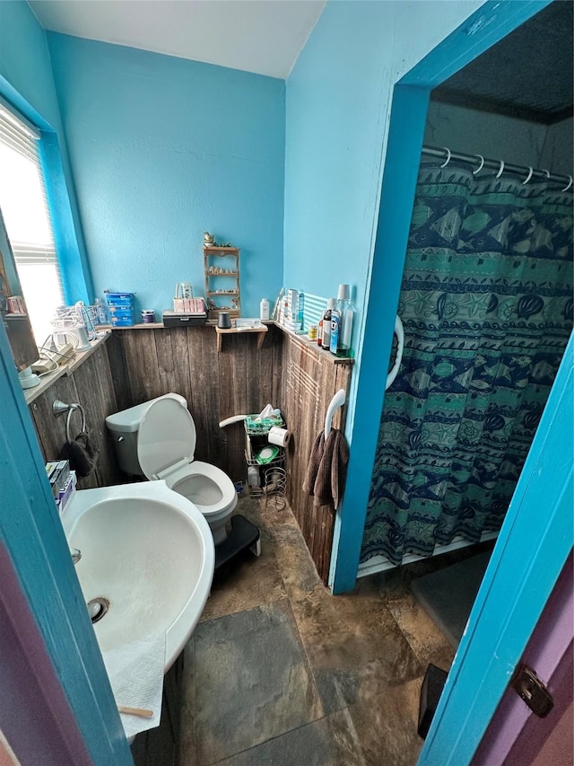 full bath featuring walk in shower, stone finish flooring, a sink, and toilet