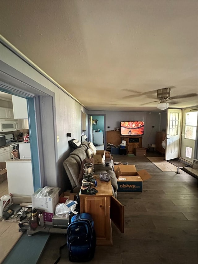 living room featuring hardwood / wood-style floors and ceiling fan