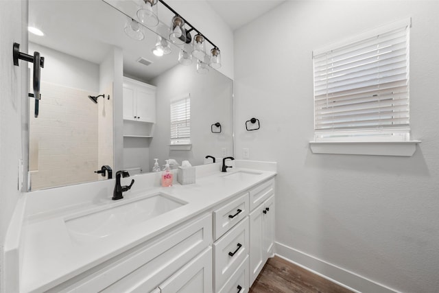 bathroom featuring baseboards, wood finished floors, a sink, and double vanity