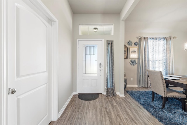 foyer entrance featuring baseboards and wood finished floors