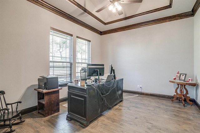 2161 Eagles Ridge Dr, Weatherford, TX 76087 - office space featuring ceiling fan, wood finished floors, ornamental molding, and a tray ceiling