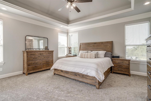 2161 Eagles Ridge Dr, Weatherford, TX 76087 - bedroom with a tray ceiling, ornamental molding, and light colored carpet