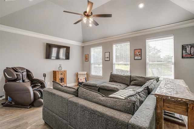 2161 Eagles Ridge Dr, Weatherford, TX 76087 - living area featuring wood finished floors, high vaulted ceiling, ceiling fan, ornamental molding, and recessed lighting