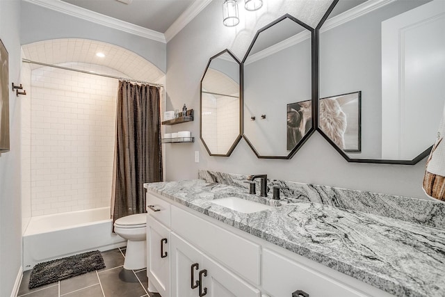 2161 Eagles Ridge Dr, Weatherford, TX 76087 - full bathroom featuring toilet, vanity, tile patterned floors, crown molding, and shower / bathtub combination with curtain