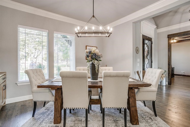 2161 Eagles Ridge Dr, Weatherford, TX 76087 - dining room featuring crown molding, a chandelier, a wealth of natural light, and dark wood-style floors