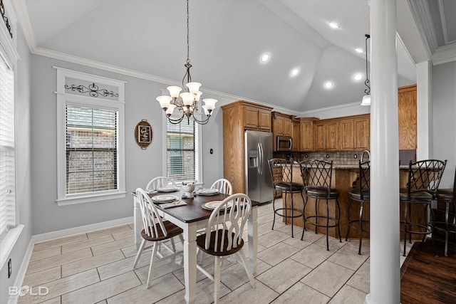 140 Fitzwilliam St, Haughton, LA 71037 - dining room with an inviting chandelier, light tile patterned floors, high vaulted ceiling, crown molding, and baseboards