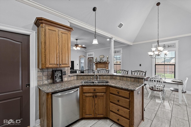 140 Fitzwilliam St, Haughton, LA 71037 - kitchen with ornamental molding, stainless steel dishwasher, brown cabinets, and a sink