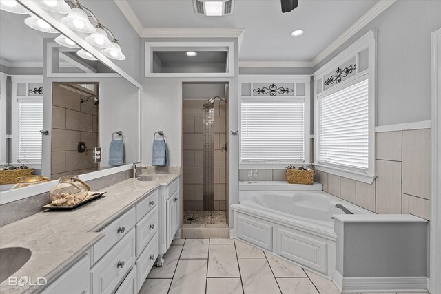 140 Fitzwilliam St, Haughton, LA 71037 - bathroom featuring a shower stall, a sink, double vanity, visible vents, and a garden tub