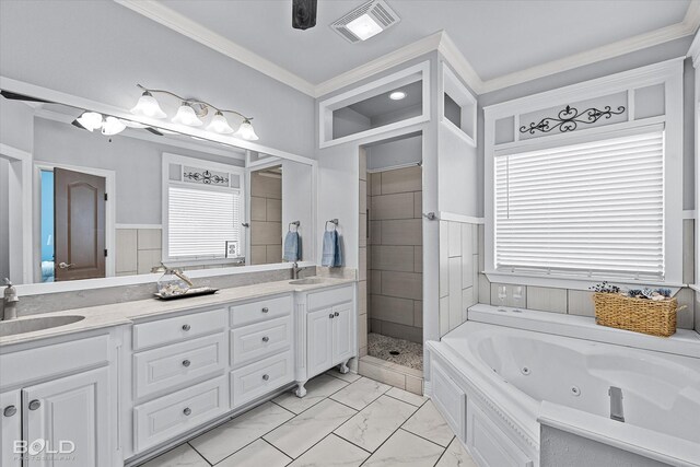 140 Fitzwilliam St, Haughton, LA 71037 - bathroom featuring a sink, double vanity, visible vents, ornamental molding, and marble finish floor