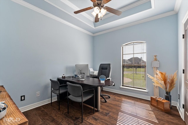 140 Fitzwilliam St, Haughton, LA 71037 - office area featuring baseboards, a raised ceiling, a ceiling fan, and dark wood-style flooring