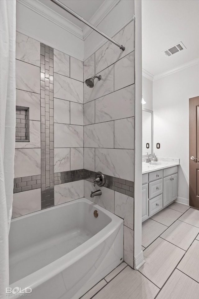 140 Fitzwilliam St, Haughton, LA 71037 - full bath featuring visible vents, shower / bath combination with curtain, crown molding, and vanity