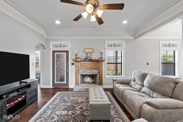 140 Fitzwilliam St, Haughton, LA 71037 - living room with dark wood-style floors, arched walkways, a stone fireplace, and plenty of natural light