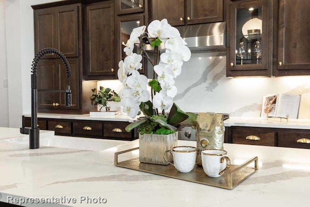 14509 Capridge Rd, Aledo, TX 76008 - details with dark brown cabinets, glass insert cabinets, and range hood