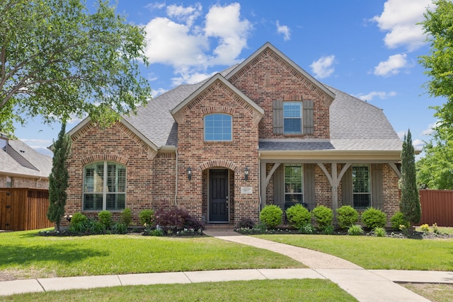view of front facade with brick siding, roof with shingles, a front lawn, and fence