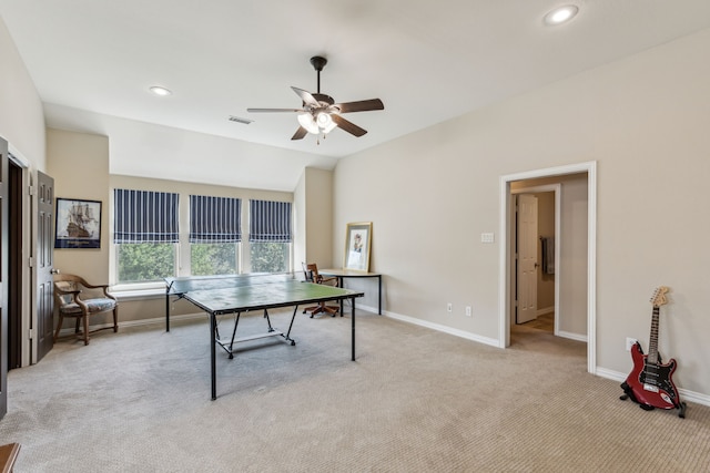recreation room featuring recessed lighting, visible vents, light carpet, baseboards, and ceiling fan