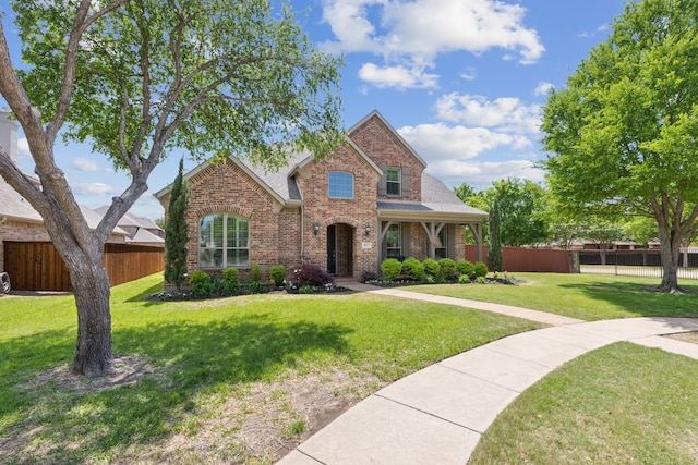 traditional-style home featuring brick siding, a shingled roof, a front lawn, and fence