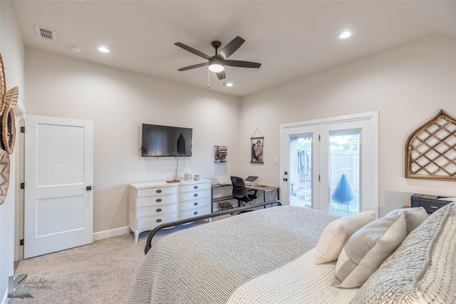bedroom with light colored carpet, access to exterior, visible vents, and recessed lighting