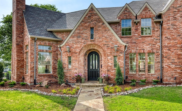 english style home with a chimney, brick siding, and a front yard