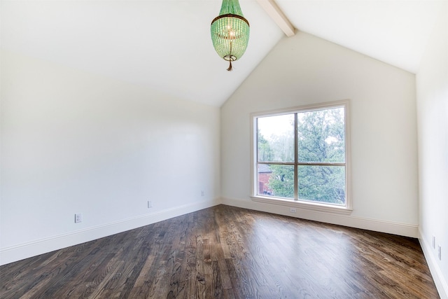 interior space with an inviting chandelier, lofted ceiling with beams, dark wood-style floors, and baseboards