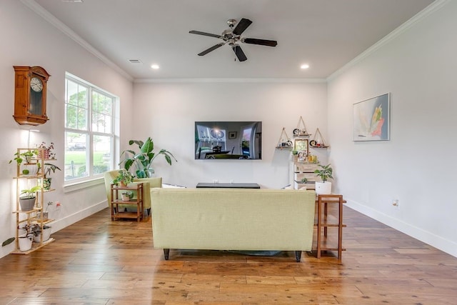 1833 Crested Ridge Rd, Fort Worth, TX 76008 - living room featuring ornamental molding, visible vents, recessed lighting, wood-type flooring, and a ceiling fan