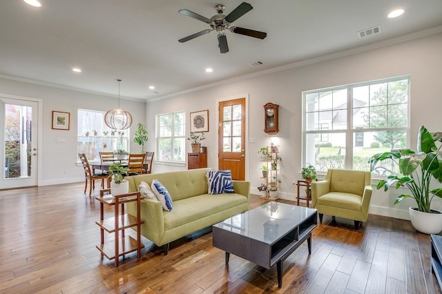 1833 Crested Ridge Rd, Fort Worth, TX 76008 - living area with ceiling fan, baseboards, hardwood / wood-style floors, and visible vents