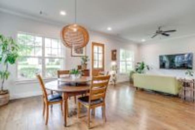 1833 Crested Ridge Rd, Fort Worth, TX 76008 - dining room featuring a ceiling fan, recessed lighting, crown molding, and wood finished floors