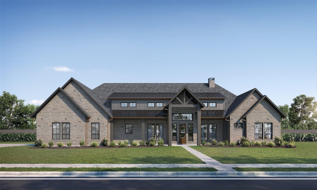 craftsman house featuring a front lawn, a standing seam roof, stone siding, and metal roof
