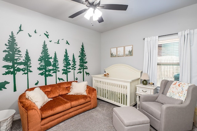 bedroom featuring ceiling fan, baseboards, and carpet flooring