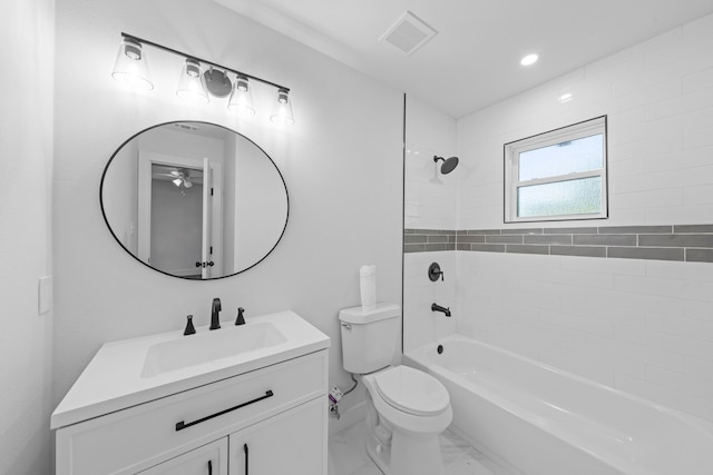 3712 Utah Ave, Dallas, TX 75216 - bathroom with toilet, visible vents, marble finish floor, vanity, and shower / tub combination