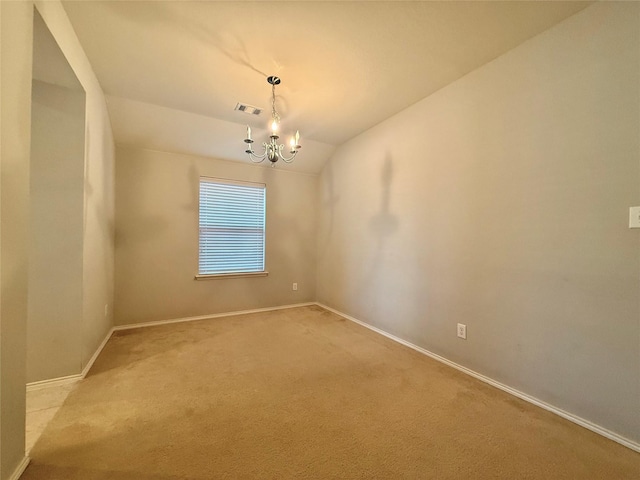1131 Grimes Dr, Forney, TX 75126 - unfurnished room with a chandelier, light colored carpet, and vaulted ceiling