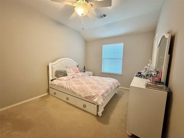 1131 Grimes Dr, Forney, TX 75126 - bedroom with light colored carpet, lofted ceiling, and ceiling fan
