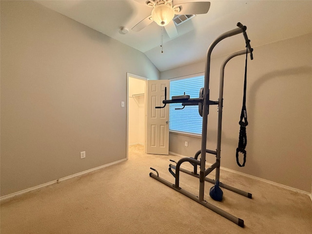 1131 Grimes Dr, Forney, TX 75126 - exercise area with a ceiling fan, vaulted ceiling, and carpet