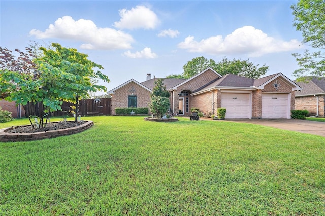 ranch-style house with brick siding, driveway, a garage, and fence