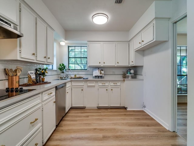 kitchen featuring backsplash, dishwasher, under cabinet range hood, and a sink
