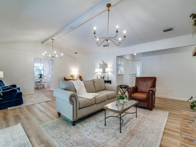 living room with wood finished floors, visible vents, lofted ceiling with beams, and an inviting chandelier