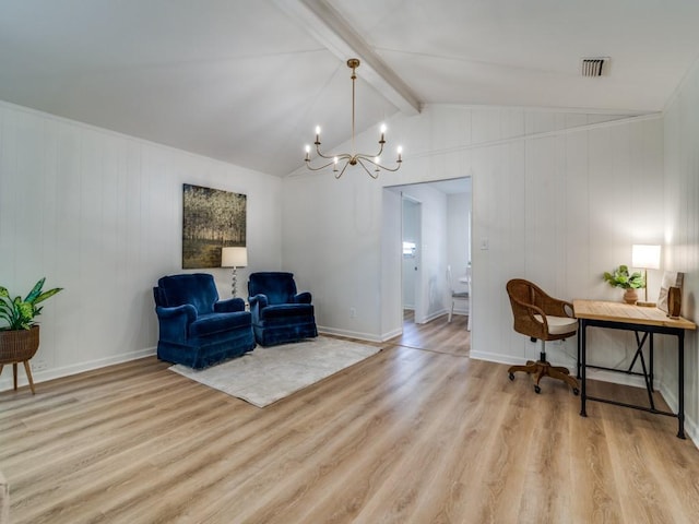 sitting room featuring wood finished floors, visible vents, vaulted ceiling with beams, and an inviting chandelier
