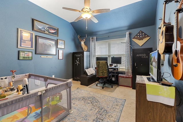 2452 Open Range Dr, Fort Worth, TX 76177 - bedroom featuring an office area, vaulted ceiling, and carpet flooring