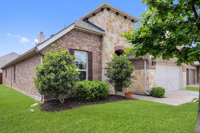 2452 Open Range Dr, Fort Worth, TX 76177 - view of front of property with stone siding, a chimney, a front lawn, and brick siding