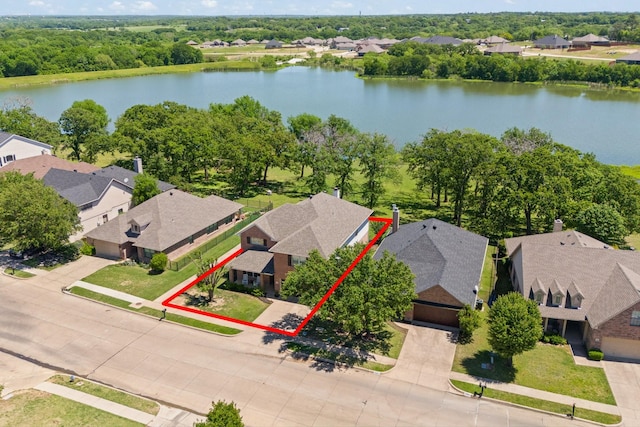 3001 Shoreline Dr, Burleson, TX 76028 - aerial perspective of suburban area featuring property parcel outlined and a large body of water