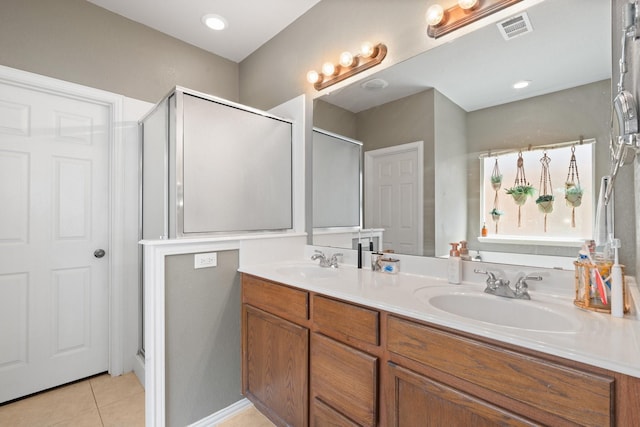 3001 Shoreline Dr, Burleson, TX 76028 - bathroom featuring a stall shower, tile patterned floors, and double vanity