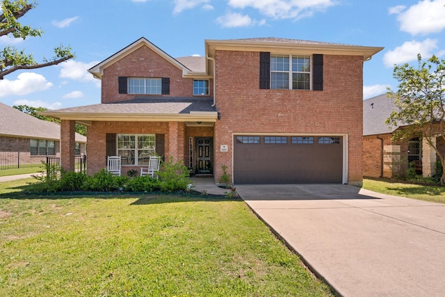 3001 Shoreline Dr, Burleson, TX 76028 - view of front of property with an attached garage, a front yard, concrete driveway, covered porch, and brick siding
