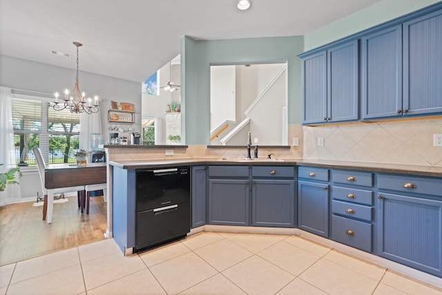 3001 Shoreline Dr, Burleson, TX 76028 - kitchen featuring a sink, blue cabinets, a chandelier, decorative backsplash, and a peninsula