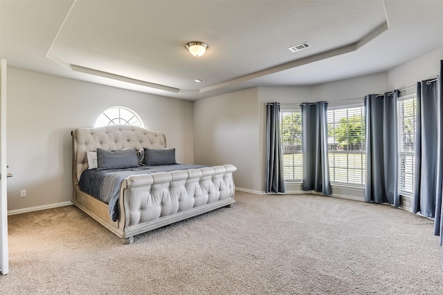 bedroom with baseboards, carpet floors, multiple windows, and a raised ceiling