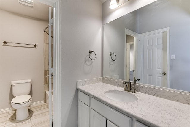 full bath with shower / bathing tub combination, visible vents, vanity, and toilet