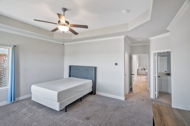 bedroom featuring carpet, crown molding, baseboards, and ceiling fan