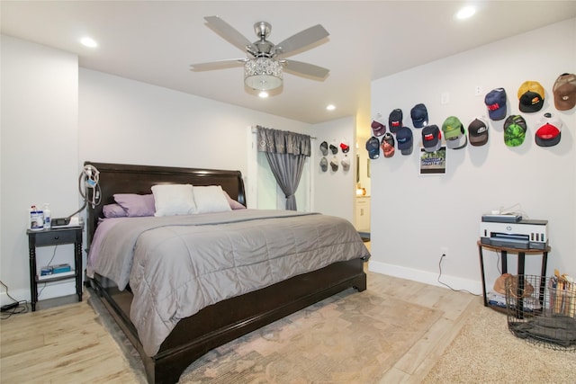 bedroom with recessed lighting, wood finished floors, baseboards, and ceiling fan
