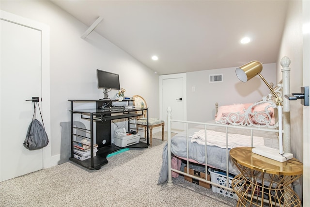 carpeted bedroom featuring recessed lighting, lofted ceiling, and visible vents